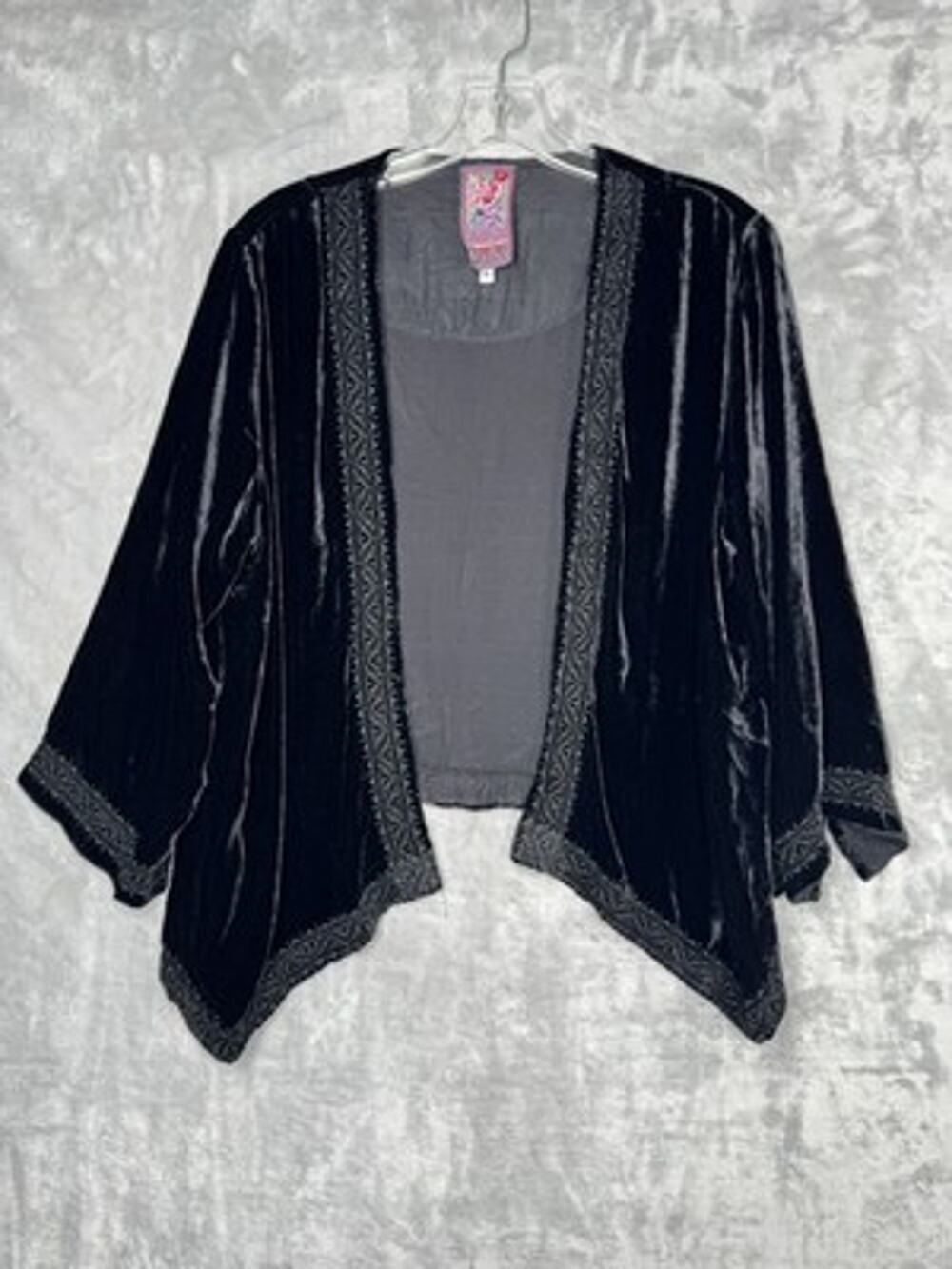 Johnny Was Kimono Jacket Womens Medium Black Velvet Embroidered Open Front Boho